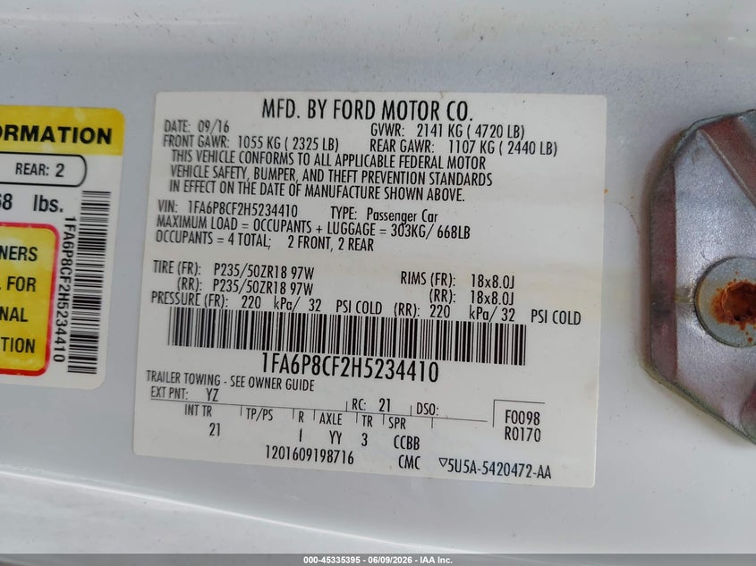 2017 Ford Mustang VIN 1FA6P8CF2H5234410 IAAI salvage auction — FRONT END, Salvage (Alabama), sold $7,300 on 2026-07-29 (photo 9)