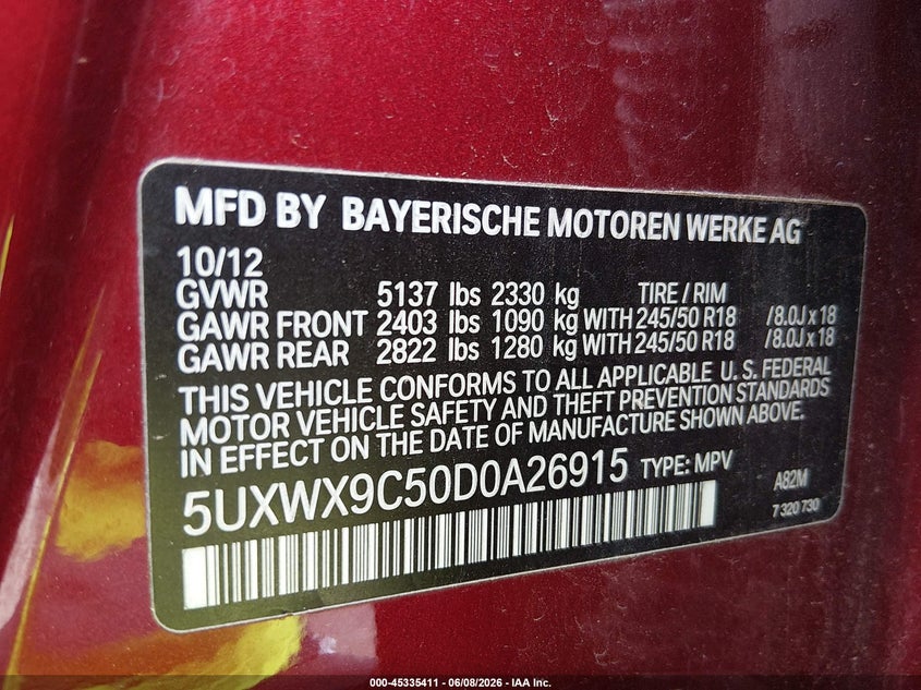 2013 BMW X3 VIN 5UXWX9C50D0A26915 IAAI salvage auction — NORMAL WEAR, Clear (Kansas), sold $1,850 on 2026-07-15 (photo 9)