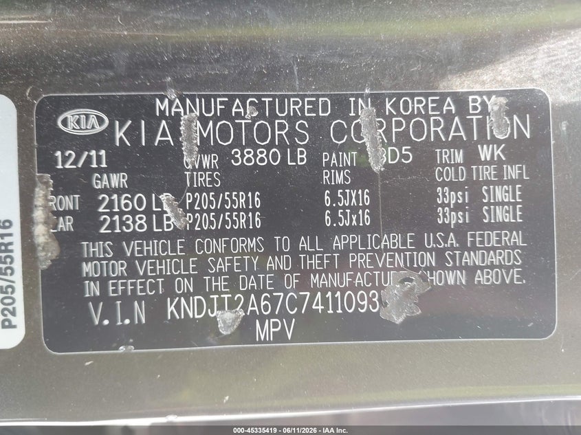 2012 Kia Soul VIN KNDJT2A67C7411093 IAAI salvage auction — FRONT END, Salvage (Tennessee), sold $350 on 2026-07-16 (photo 9)