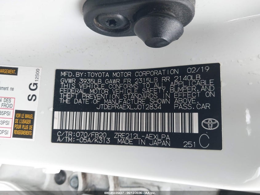 2020 Toyota Corolla VIN JTDEPRAEXLJ012834 IAAI salvage auction — REAR END, Salvage (California), sold $2,150 on 2026-07-22 (photo 9)