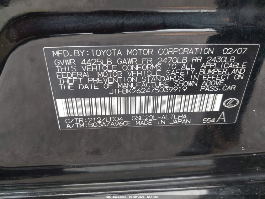 2007 Lexus Is 250 VIN JTHBK262475039919 IAAI salvage auction — LEFT & RIGHT, Rebuildable (Florida), sold $400 on 2026-07-09 (photo 9)