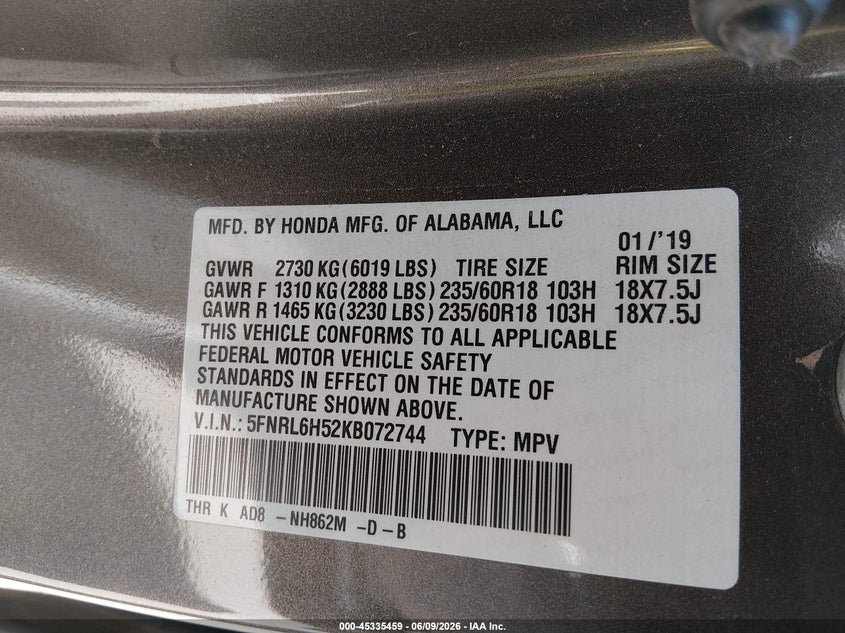 2019 Honda Odyssey VIN 5FNRL6H52KB072744 IAAI salvage auction — FRONT END, Salvage Title, sold $6,300 on 2026-07-22 (photo 9)