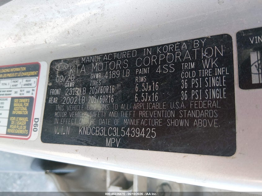 2020 Kia Niro VIN KNDCB3LC3L5439425 IAAI salvage auction — ROLLOVER, Salvage Title, sold $1,150 on 2026-08-02 (photo 9)