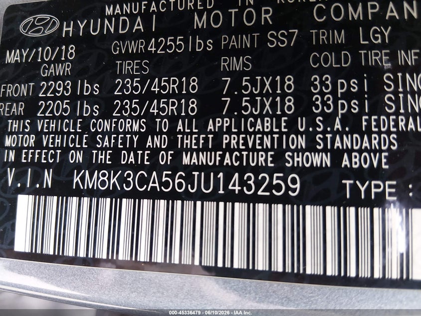 2018 Hyundai Kona VIN KM8K3CA56JU143259 IAAI salvage auction — NORMAL WEAR, Clear (Florida), sold $3,150 on 2026-07-07 (photo 9)