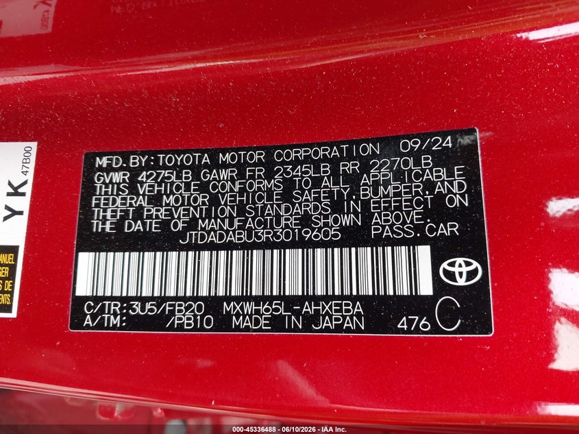 2024 Toyota Prius VIN JTDADABU3R3019605 IAAI salvage auction — FRONT END, Salvage (Connecticut), sold $4,500 on 2026-07-09 (photo 9)