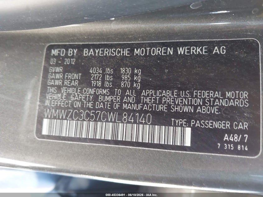 2012 Mini VIN WMWZC3C57CWL84140 IAAI salvage auction — FRONT END, Salvage Title, sold $25 on 2026-07-23 (photo 9)