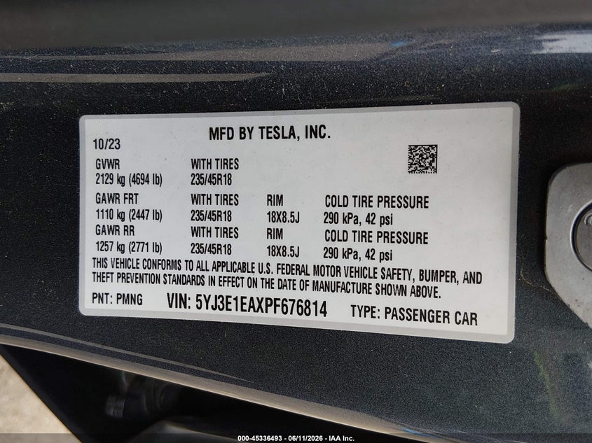 2023 Tesla Model 3 VIN 5YJ3E1EAXPF676814 IAAI salvage auction — FRONT END, Salvage Title, sold $8,900 on 2026-09-03 (photo 9)