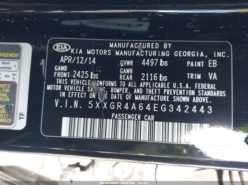 2014 Kia Optima VIN 5XXGR4A64EG342443 IAAI salvage auction — NORMAL WEAR, Salvage Title, sold $700 on 2026-07-15 (photo 9)