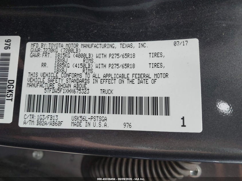 2017 Toyota Tundra VIN 5TFDW5F1XHX675323 IAAI salvage auction — REAR END, Salvage (Utah), sold $17,500 on 2026-07-23 (photo 9)