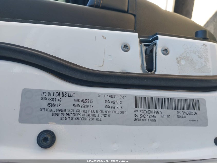 2017 Chrysler 300 VIN 2C3CCABG8HH664675 IAAI salvage auction — WATER/FLOOD, Salvage Title, sold $1,575 on 2026-08-25 (photo 9)