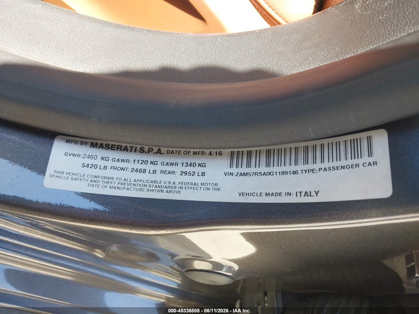 2016 Maserati Ghibli VIN ZAM57RSA0G1189146 IAAI salvage auction — FRONT END, Salvage (California), sold $3,800 on 2026-07-24 (photo 9)