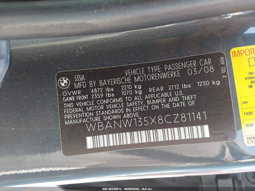 2008 BMW 5 series VIN WBANW135X8CZ81141 IAAI salvage auction — NORMAL WEAR, Original (Texas), sold $400 on 2026-07-29 (photo 9)