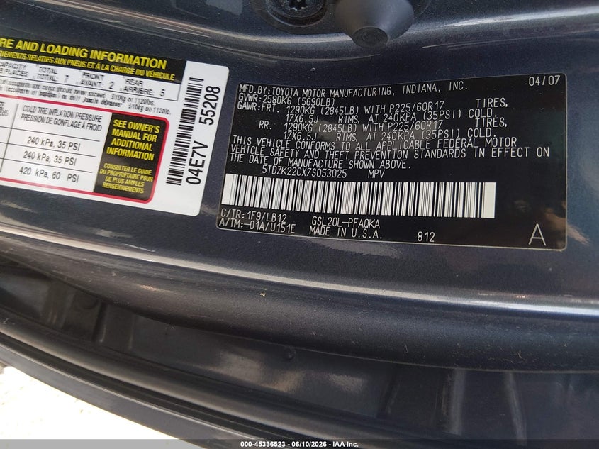2007 Toyota Sienna VIN 5TDZK22CX7S053025 IAAI salvage auction — FRONT END, Salvage (Tennessee), sold $900 on 2026-07-16 (photo 9)
