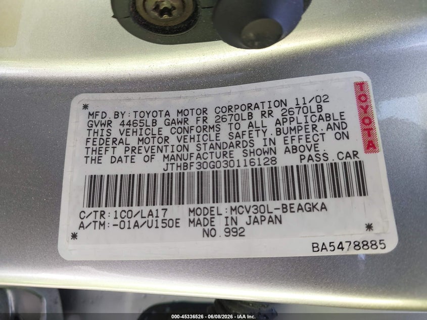 2003 Lexus ES VIN JTHBF30G030116128 IAAI salvage auction — NORMAL WEAR, Clear - Dealer Only (California), sold $275 on 2026-07-13 (photo 9)