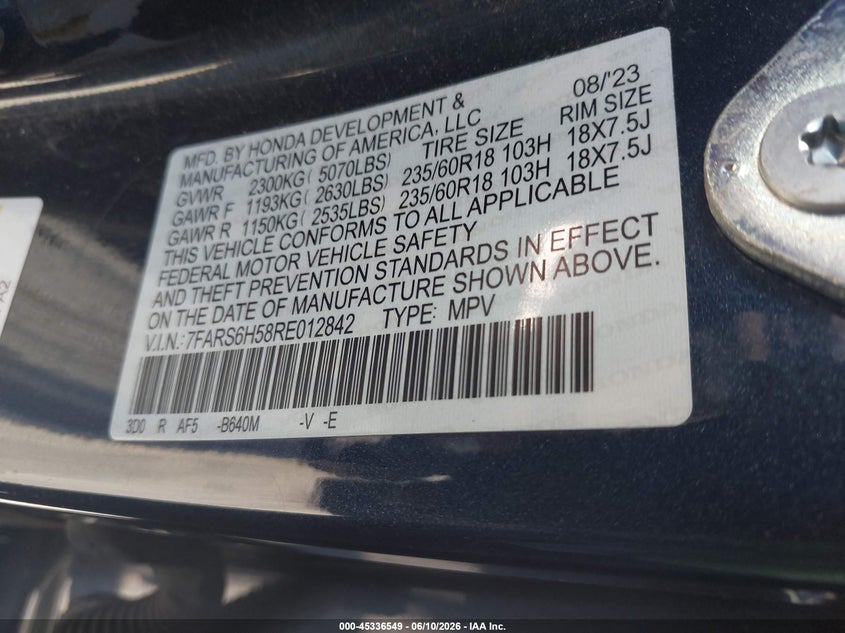 2024 Honda Cr-v VIN 7FARS6H58RE012842 IAAI salvage auction — FRONT END, Salvage Title, sold $8,600 on 2026-07-22 (photo 9)