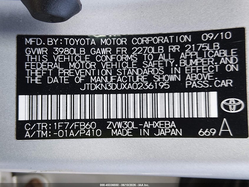 2010 Toyota Prius VIN JTDKN3DUXA0236195 IAAI salvage auction — SIDE, Clear (Washington), sold $800 on 2026-07-08 (photo 9)