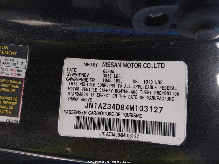 2004 Nissan 350z VIN JN1AZ34D84M103127 IAAI salvage auction — FRONT & REAR, Salvage (Texas), sold $675 on 2026-07-29 (photo 9)