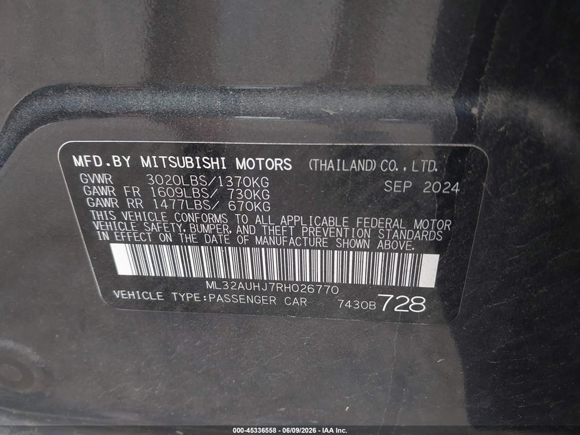 2024 Mitsubishi Mirage VIN ML32AUHJ7RH026770 IAAI salvage auction — FRONT END, Clear (Colorado), sold $5,550 on 2026-07-09 (photo 9)