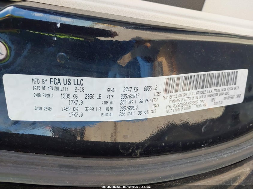 2018 Chrysler Pacifica VIN 2C4RC1BG8JR235932 IAAI salvage auction — HAIL, Certificate Of Title (Nebraska), sold $5,100 on 2026-07-11 (photo 9)