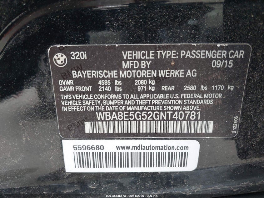 2016 BMW 3er VIN WBA8E5G52GNT40781 IAAI salvage auction — FRONT END, Mv-907A (New York), sold $25 on 2026-07-07 (photo 9)