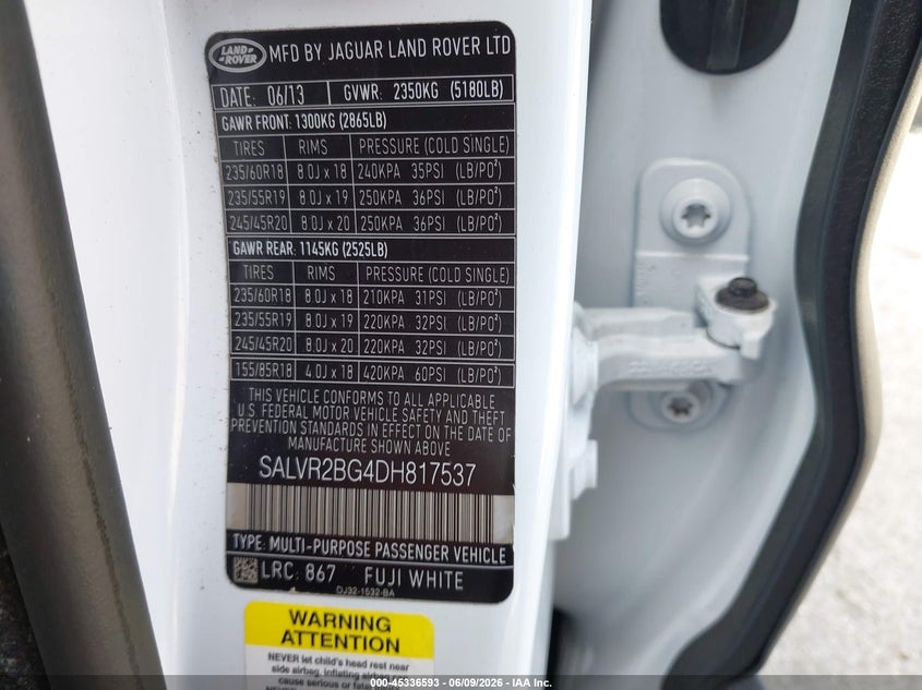 2013 Land rover Range rover evoque VIN SALVR2BG4DH817537 IAAI salvage auction — NORMAL WEAR, Clear (Illinois), sold $700 on 2026-07-22 (photo 9)