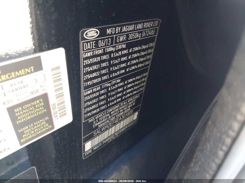2014 Land rover Range rover sport VIN SALWR2EF4EA301809 IAAI salvage auction — FRONT END, Salvage Title, sold $2,650 on 2026-09-15 (photo 9)