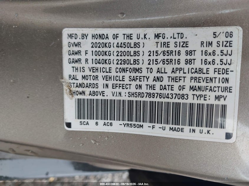 2006 Honda Cr-v VIN SHSRD78976U437083 IAAI salvage auction — FRONT END, Clear (South Carolina), sold $925 on 2026-07-14 (photo 9)