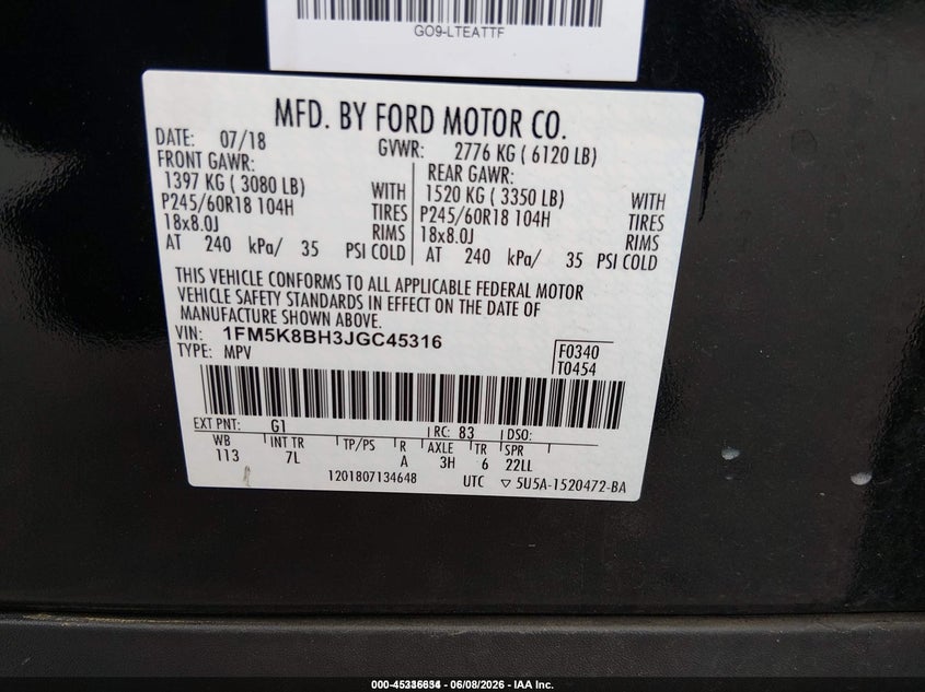 2018 Ford Explorer VIN 1FM5K8BH3JGC45316 IAAI salvage auction — NORMAL WEAR, Sf97 (Maryland), sold $9,400 on 2026-07-21 (photo 9)