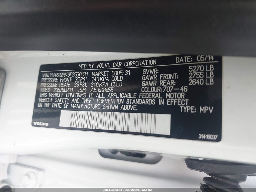 2015 Volvo Xc60 VIN YV4612RK9F2630181 IAAI salvage auction — FRONT END, Salvage Title, sold $1,250 on 2026-07-11 (photo 9)