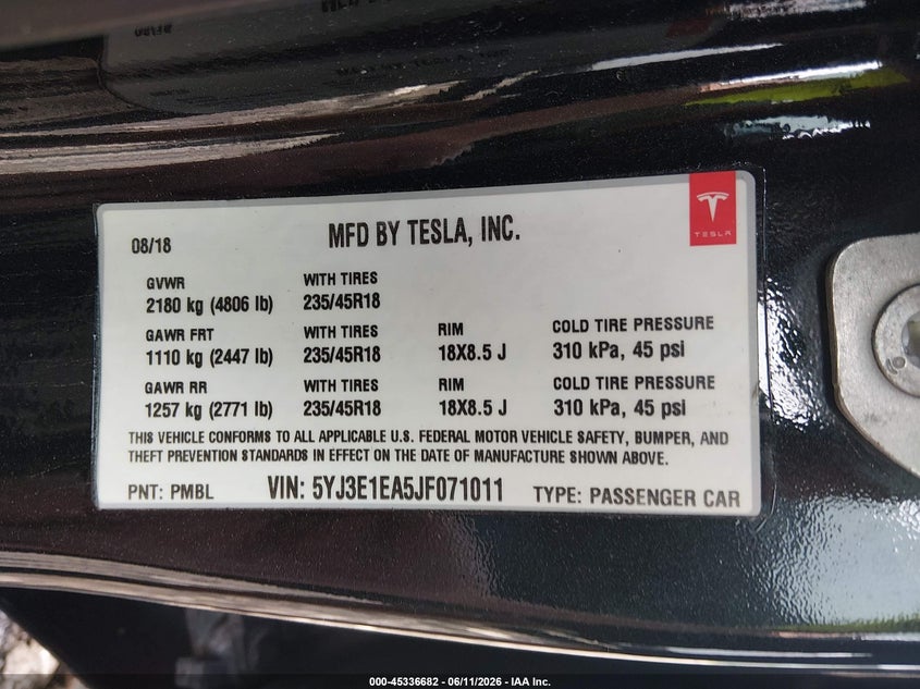 2018 Tesla Model 3 VIN 5YJ3E1EA5JF071011 IAAI salvage auction — RIGHT SIDE, Salvage (Ohio), sold $3,200 on 2026-07-08 (photo 9)