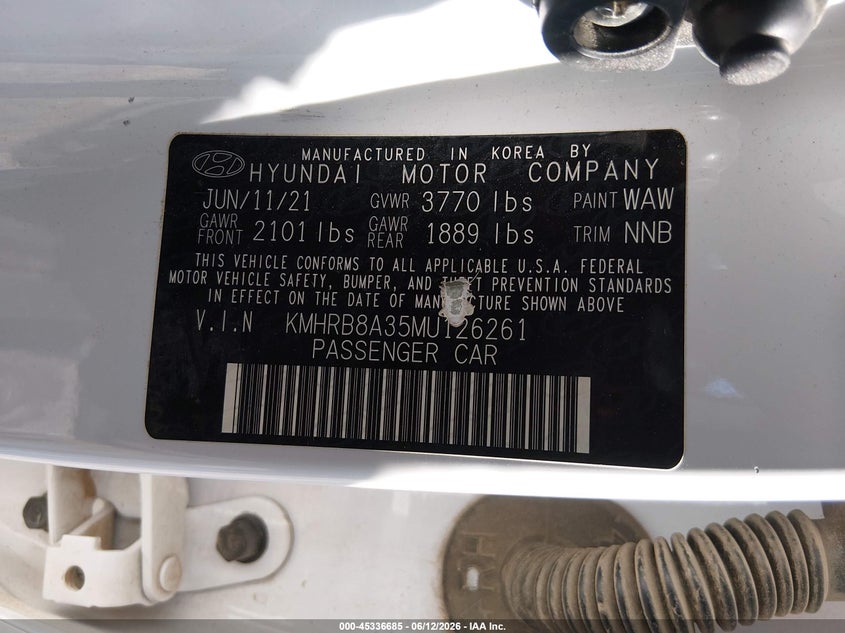2021 Hyundai Venue VIN KMHRB8A35MU126261 IAAI salvage auction — FRONT END, Salvage Title, sold $2,950 on 2026-07-24 (photo 9)