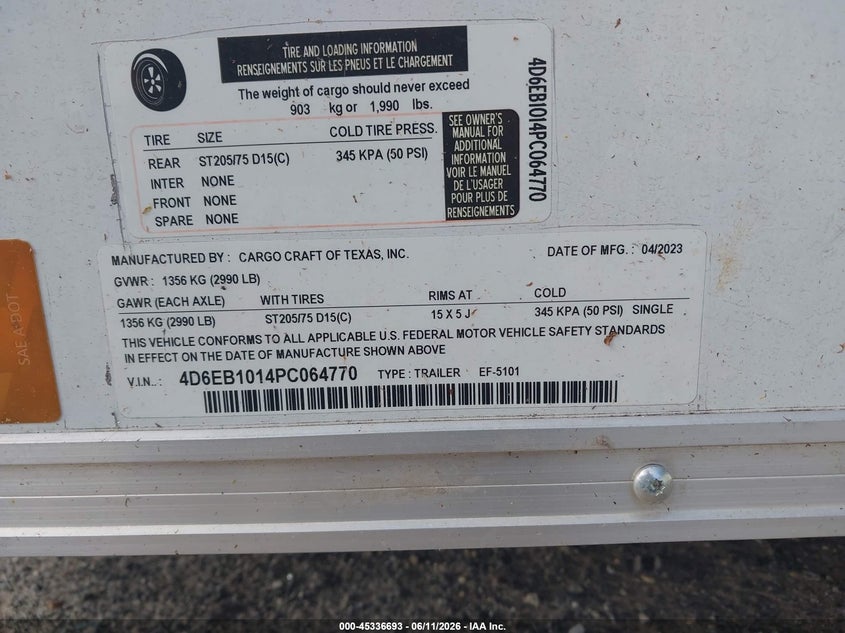 2023 Cargo Craft VIN 4D6EB1014PC064770 IAAI salvage auction — REAR END, Salvage (Texas), sold $275 on 2026-07-13 (photo 9)