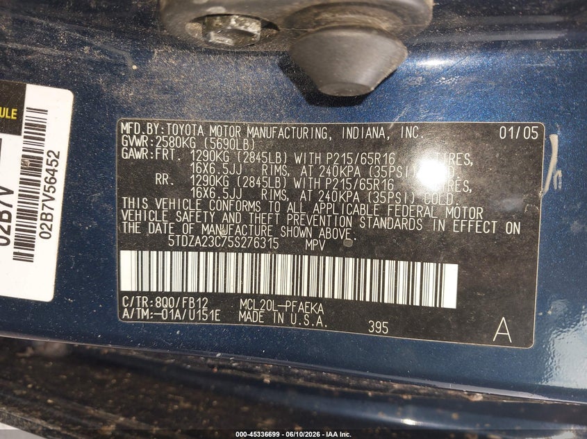 2005 Toyota Sienna VIN 5TDZA23C75S276315 IAAI salvage auction — NORMAL WEAR, Original (Ohio), sold $725 on 2026-07-14 (photo 9)