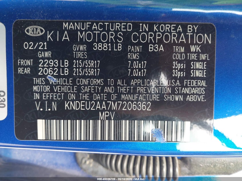 2021 Kia Seltos VIN KNDEU2AA7M7206362 IAAI salvage auction — FRONT END, Salvage Title, sold $2,400 on 2026-07-21 (photo 9)