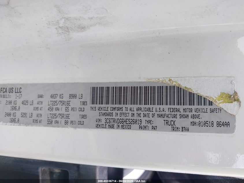 2017 Ram Promaster city VIN 3C6TRVDG6HE526019 IAAI salvage auction — TRANSMISSION, Salvage (Florida), sold $2,250 on 2026-07-09 (photo 9)