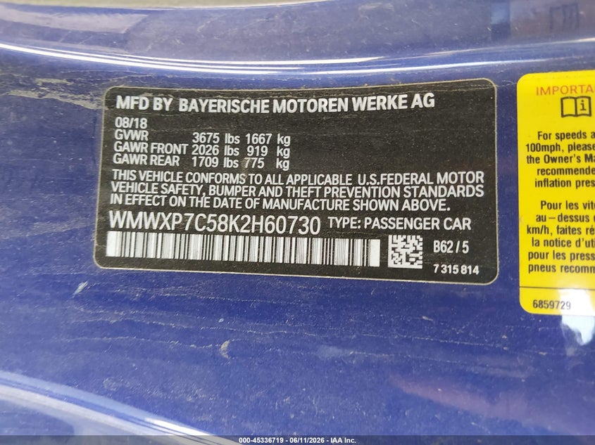 2019 Mini Hard top VIN WMWXP7C58K2H60730 IAAI salvage auction — LEFT FRONT, Wait Title, sold $2,000 on 2026-09-04 (photo 9)
