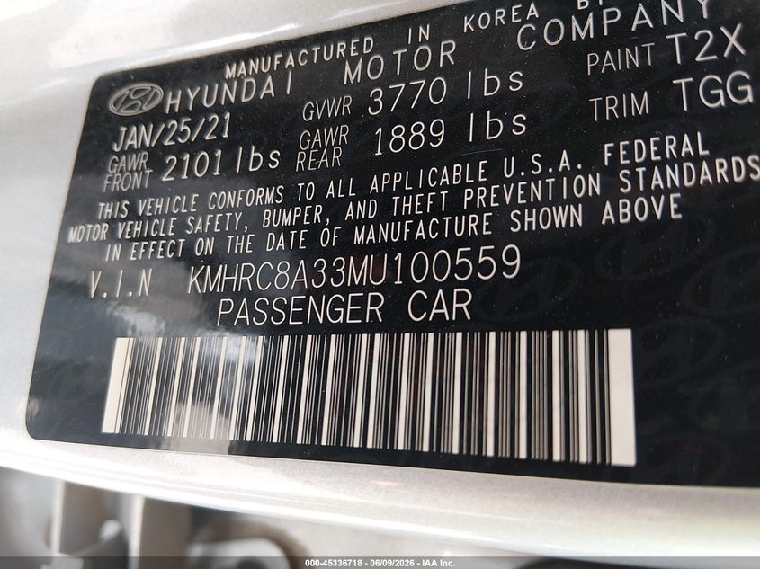 2021 Hyundai Venue VIN KMHRC8A33MU100559 IAAI salvage auction — FRONT END, Salvage (Colorado), sold $3,050 on 2026-07-10 (photo 9)