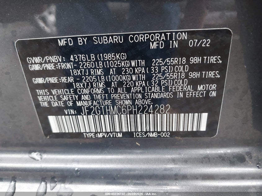 2023 Subaru Xv VIN JF2GTHMC6PH224282 IAAI salvage auction — RIGHT SIDE, Salvage Title, sold $25 on 2026-07-29 (photo 9)