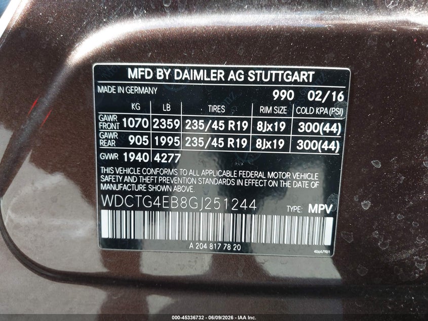 2016 Mercedes-benz Gla-klasse VIN WDCTG4EB8GJ251244 IAAI salvage auction — FRONT END, Salvage Title, sold $4,050 on 2026-07-16 (photo 9)