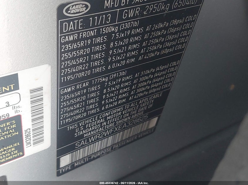 2014 Land rover Range rover sport VIN SALWR2WFXEA328625 IAAI salvage auction — NORMAL WEAR, Clear (Pennsylvania), sold $1,300 on 2026-07-30 (photo 9)