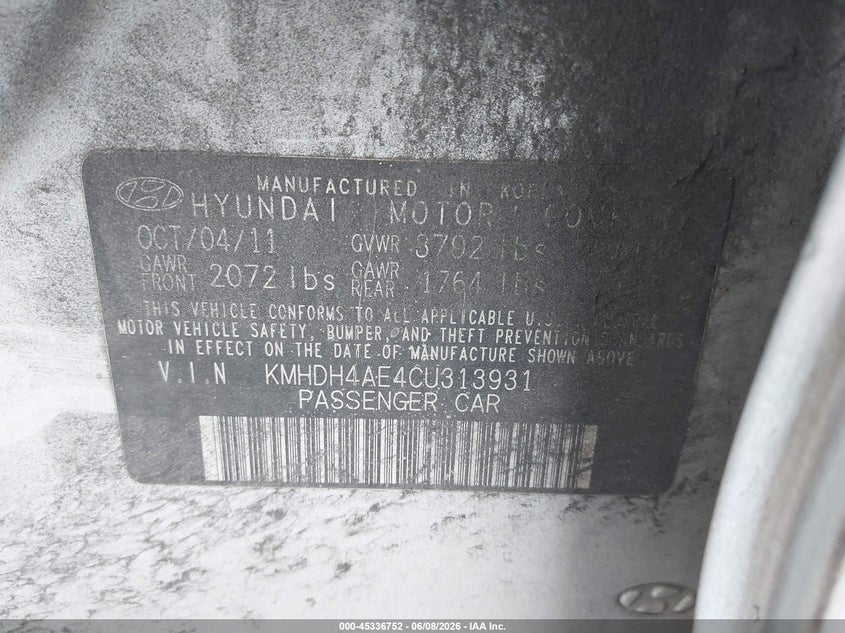 2012 Hyundai Elantra VIN KMHDH4AE4CU313931 IAAI salvage auction — NORMAL WEAR, Clear (Florida), sold $450 on 2026-07-21 (photo 9)