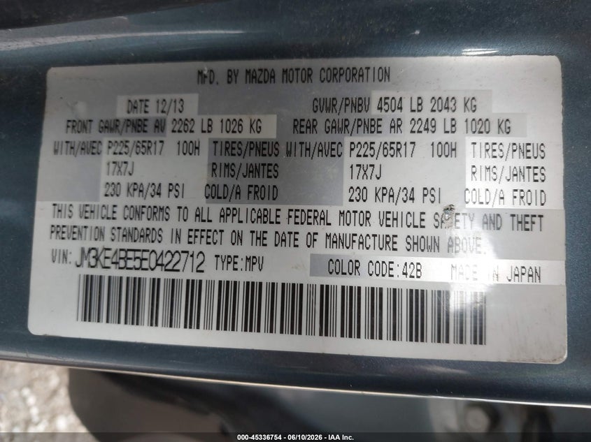 2014 Mazda Cx-5 VIN JM3KE4BE5E0422712 IAAI salvage auction — ROLLOVER, Salvage (Pennsylvania), sold $700 on 2026-07-14 (photo 9)