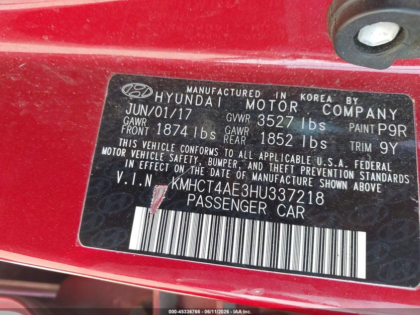2017 Hyundai Accent VIN KMHCT4AE3HU337218 IAAI salvage auction — FRONT END, Salvage (Tennessee), sold $875 on 2026-07-15 (photo 9)