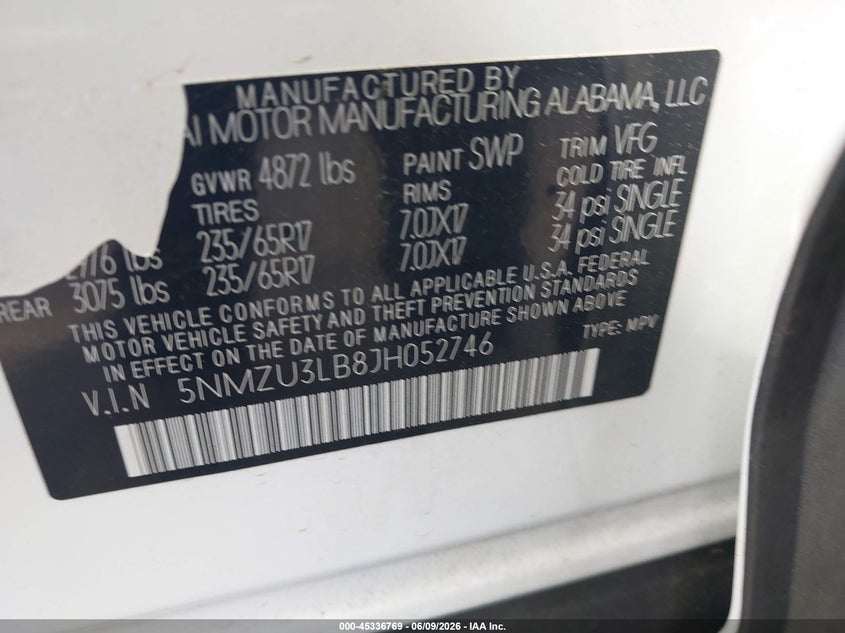 2018 Hyundai Santa fe VIN 5NMZU3LB8JH052746 IAAI salvage auction — REAR END, Salvage (North Carolina), sold $3,400 on 2026-07-23 (photo 9)