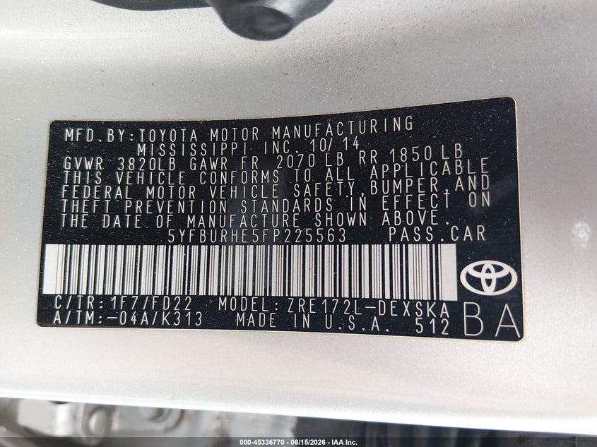 2015 Toyota Corolla VIN 5YFBURHE5FP225563 IAAI salvage auction — HAIL, Clear (Oklahoma), sold $675 on 2026-07-21 (photo 9)