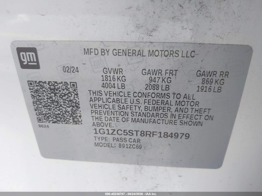 2024 Chevrolet Malibu VIN 1G1ZC5ST8RF184979 IAAI salvage auction — NORMAL WEAR, Clear (Florida), sold $11,000 on 2026-07-23 (photo 5)