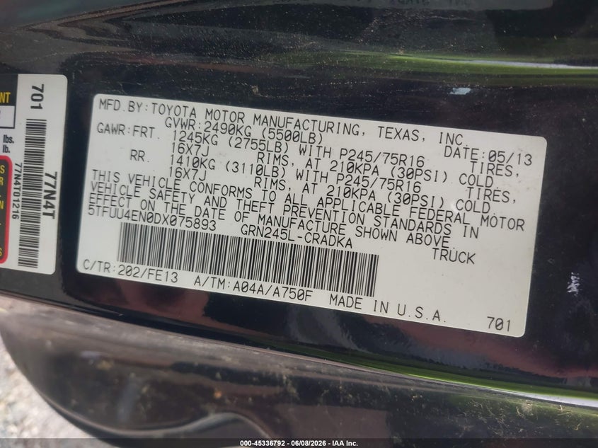 2013 Toyota Tacoma VIN 5TFUU4EN0DX075893 IAAI salvage auction — LEFT & RIGHT, Clear (Illinois), sold $4,000 on 2026-07-06 (photo 9)