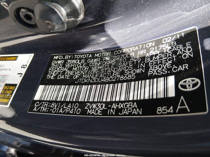 2011 Toyota Prius VIN JTDKN3DU4B0278685 IAAI salvage auction — REAR END, Salvage (California), sold $2,850 on 2026-07-16 (photo 9)