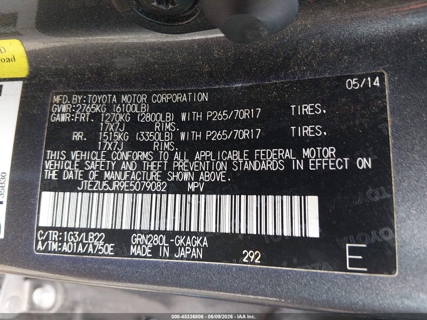 2014 Toyota 4runner VIN JTEZU5JR9E5079082 IAAI salvage auction — ROLLOVER, Salvage (Louisiana), sold $7,650 on 2026-07-13 (photo 9)