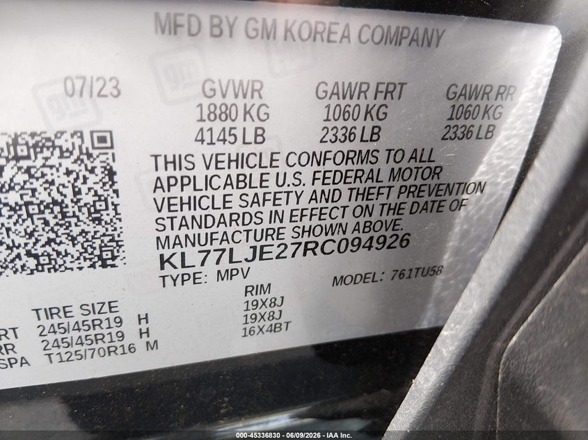2024 Chevrolet Trax VIN KL77LJE27RC094926 IAAI salvage auction — RIGHT REAR, Salvage Title, sold $1,050 on 2026-07-30 (photo 9)